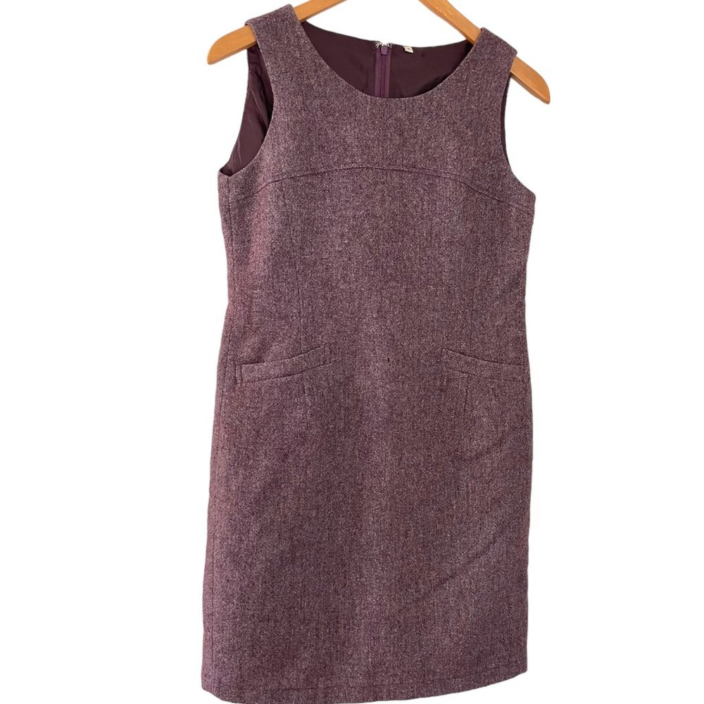 Muji Tweed Sheath Dress Small S Purple Wool Blend Sleeveless Pockets Minimalist